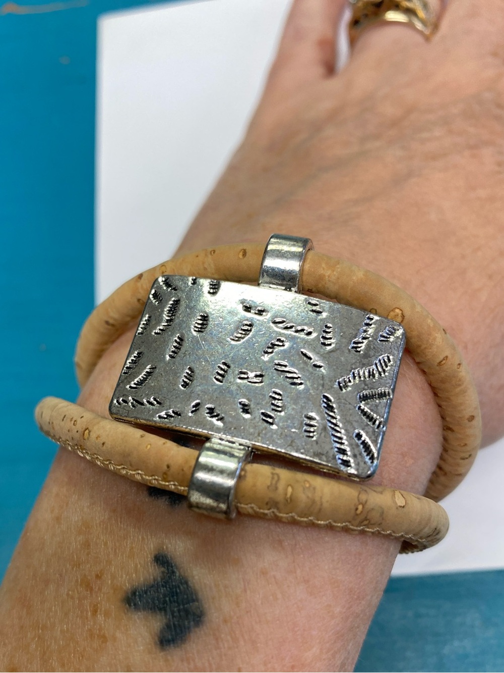 Tan Cork Double-Strand Bracelet with Textured Silver Plate